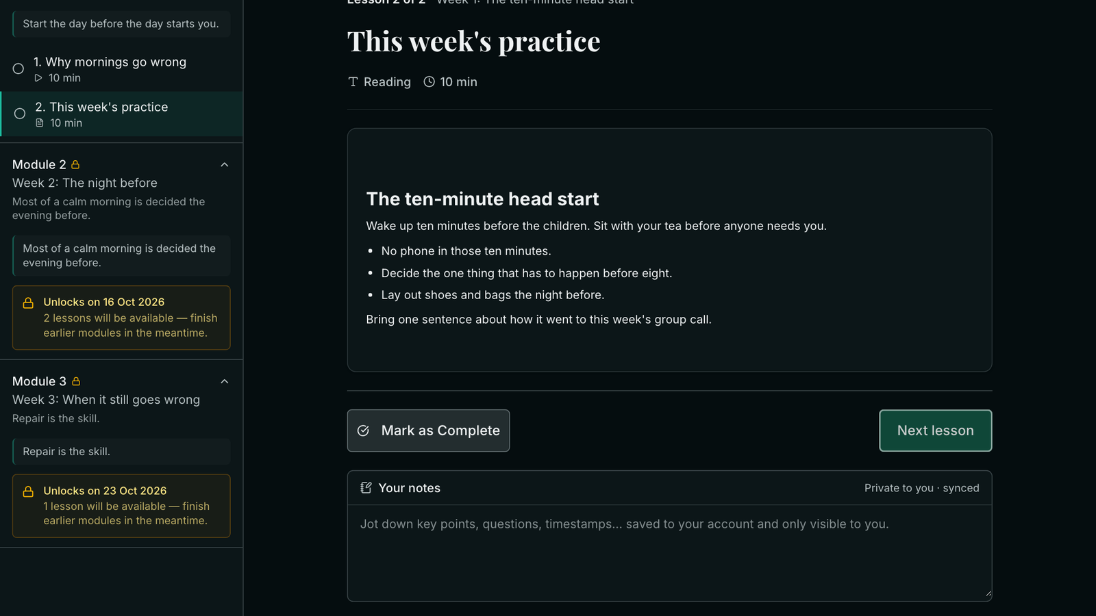 A member's lesson page where Module 2 and Module 3 each carry a lock and a card reading Unlocks on 16 Oct 2026 and Unlocks on 23 Oct 2026.