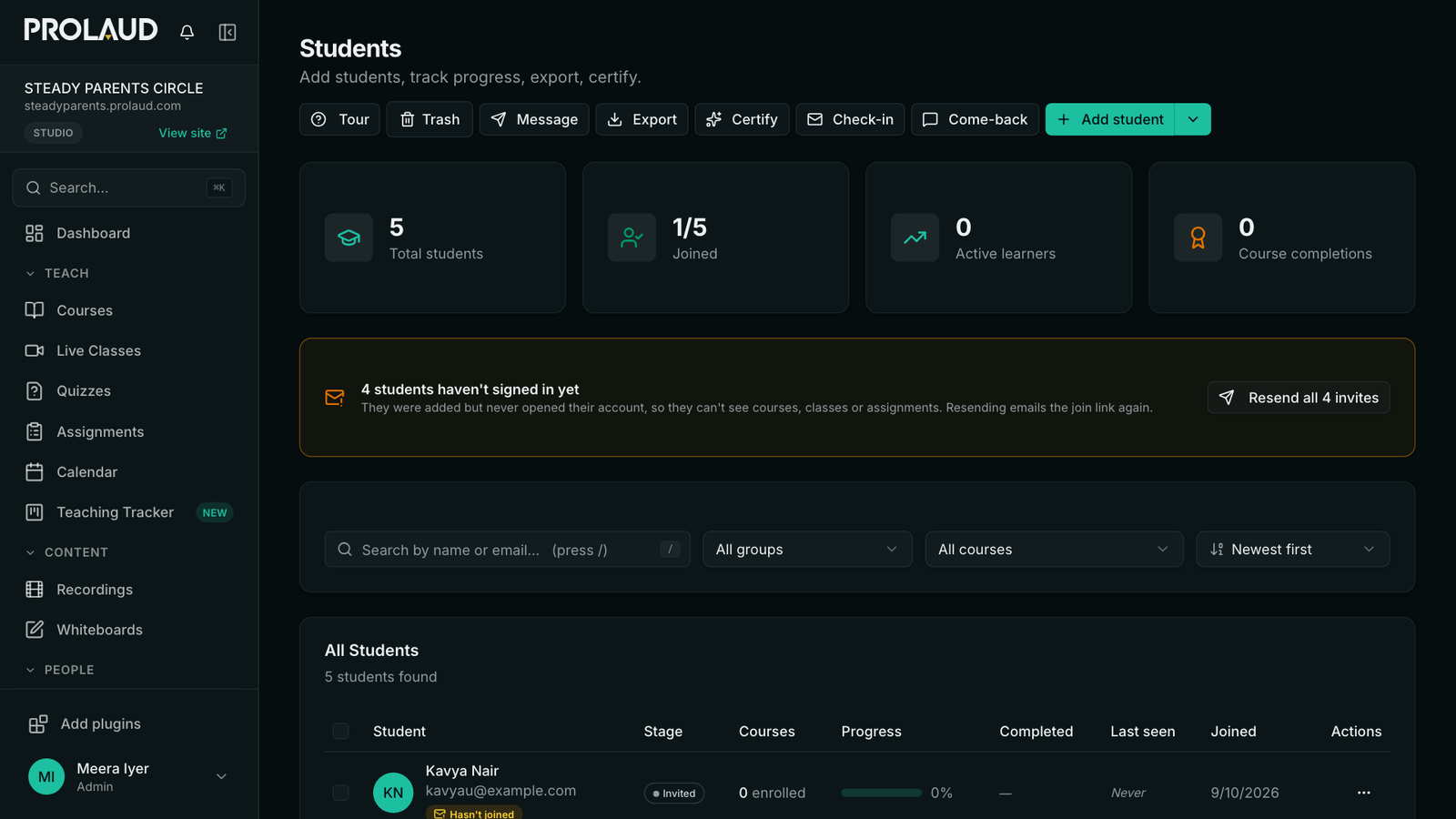 The Students page with a banner reading 4 students haven't signed in yet and a Resend all 4 invites button.
