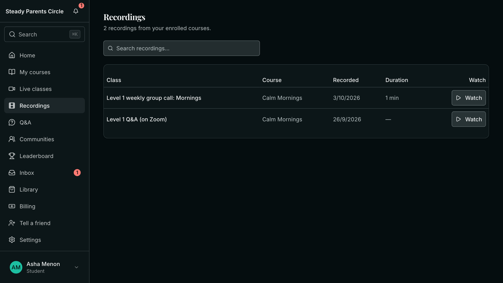 A member's Recordings page listing the recorded weekly call and the Zoom Q&A, each with a Watch button.