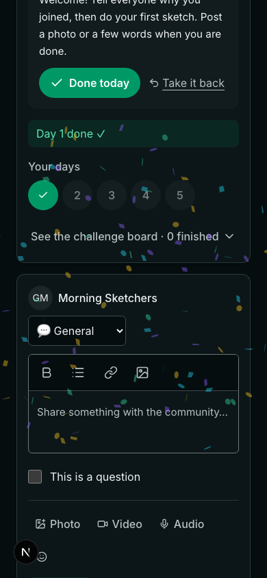 The challenge card after checking in: the day marked done and the streak