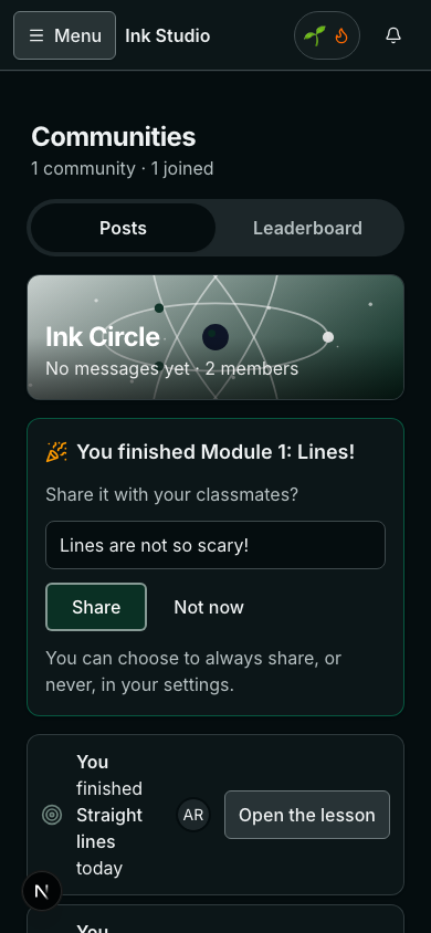 A student's phone: You finished Module 1: Lines! Share it with your classmates? A line of her own, Share, and Not now