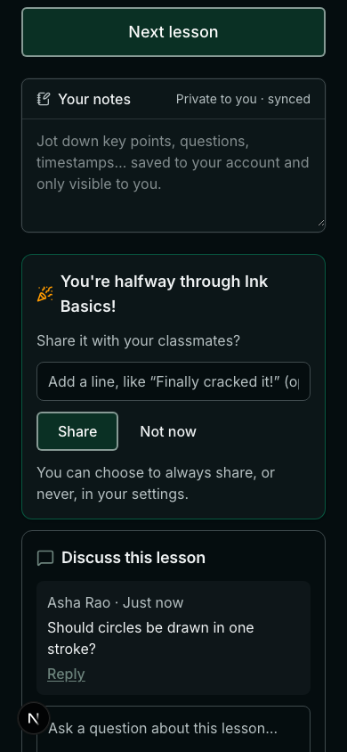 A lesson on a phone with Discuss this lesson underneath: a classmate's question and a box to ask