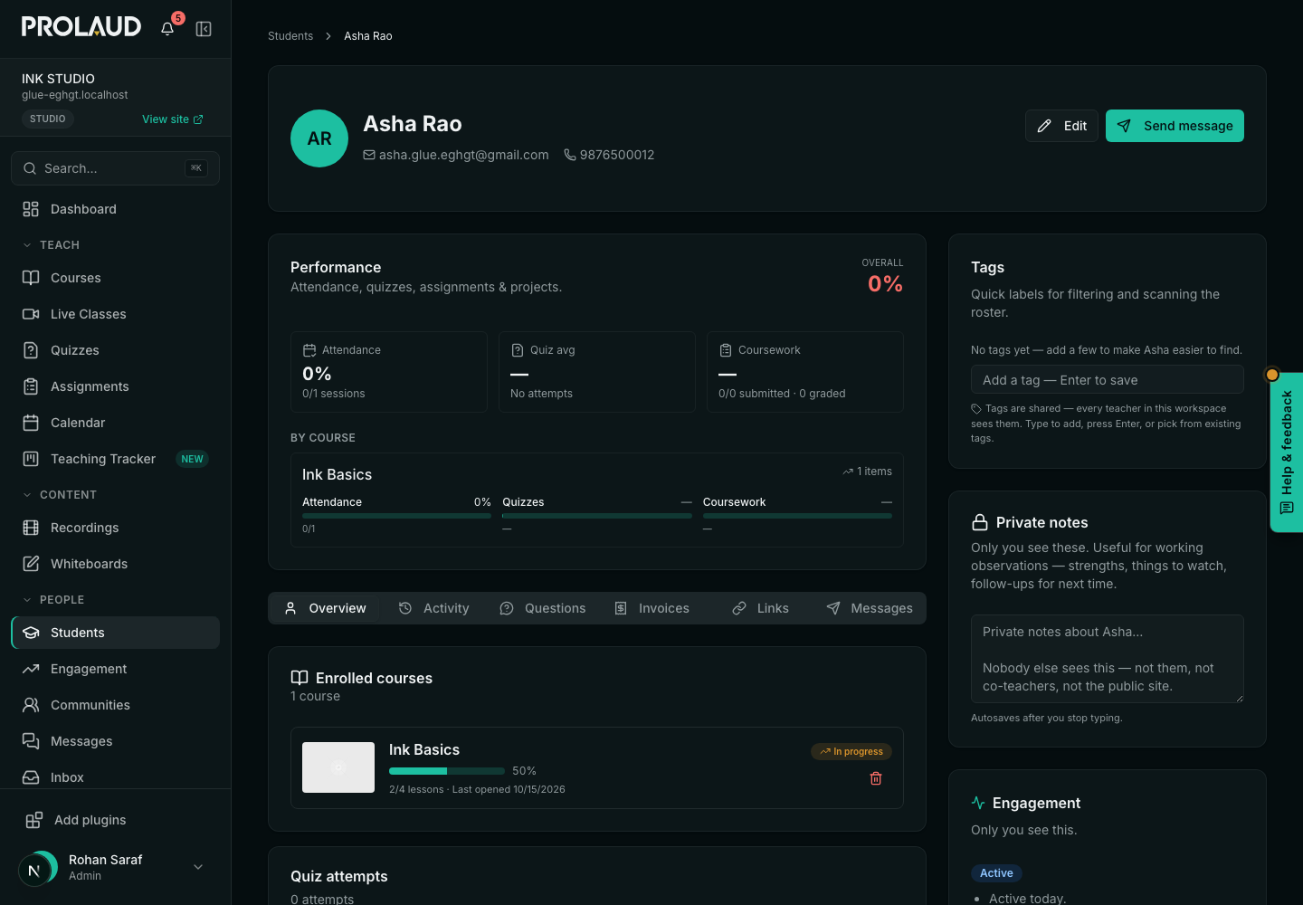 A student's page with engagement, XP and purchases
