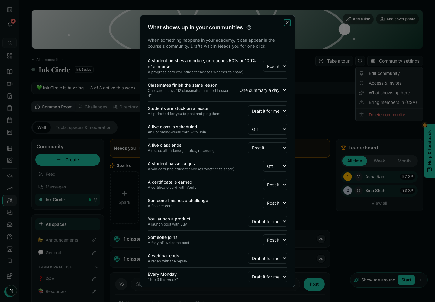 What shows up here: one row per kind of event, each with Post it, Draft it for me, One summary a day or Off