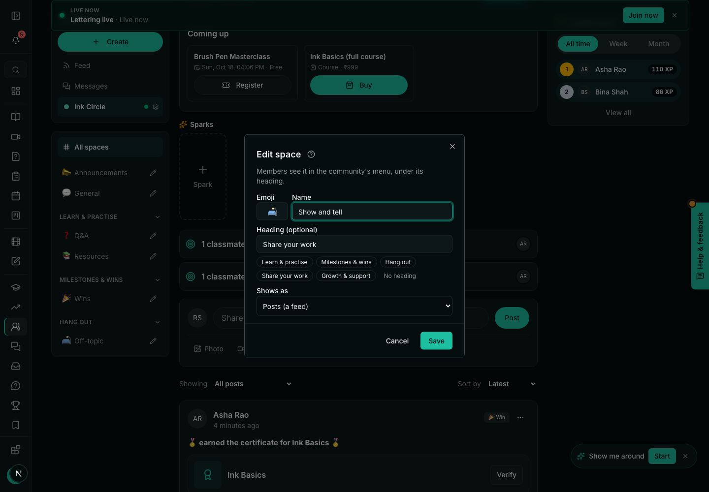 Edit space: name, emoji, heading and Shows as