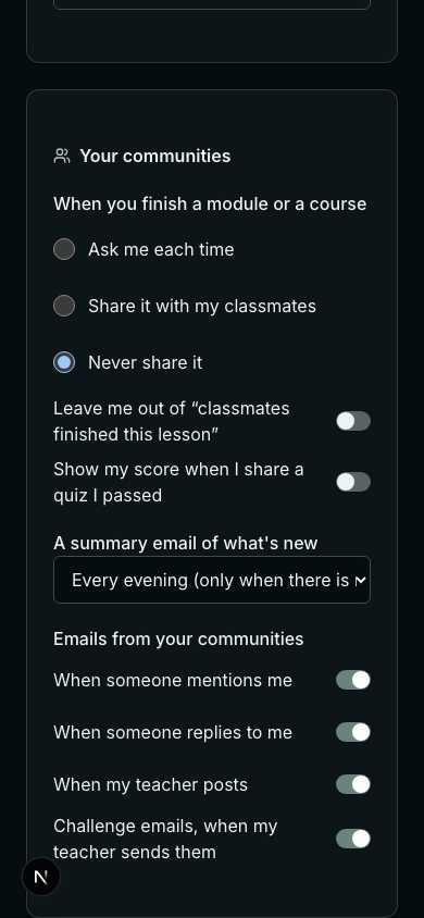 A student's settings: Ask me each time, Share it with my classmates, Never share it; leave me out of lesson summaries; show my quiz scores