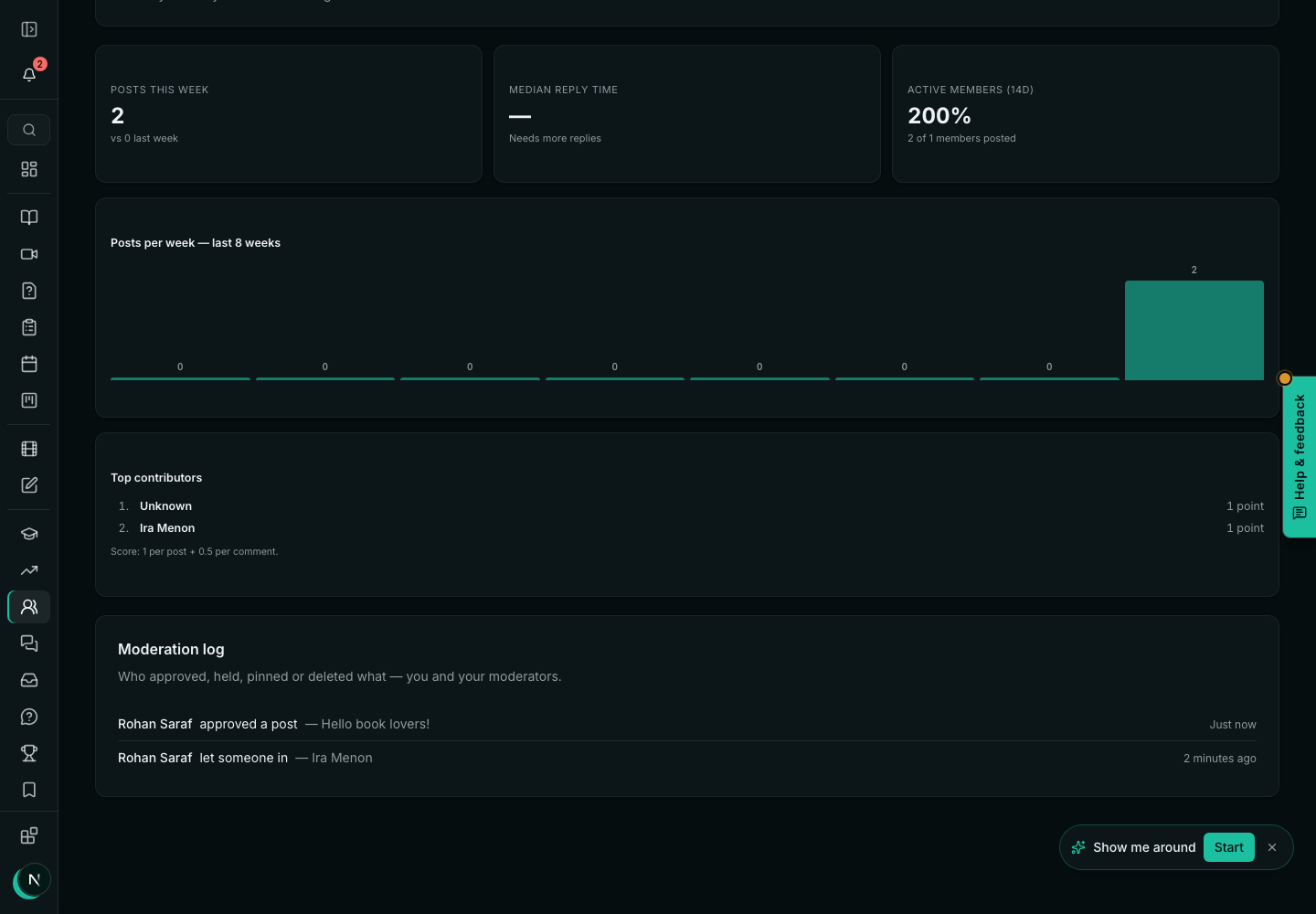 The moderation log in the Insights tab: who let someone in and who approved a post, with times
