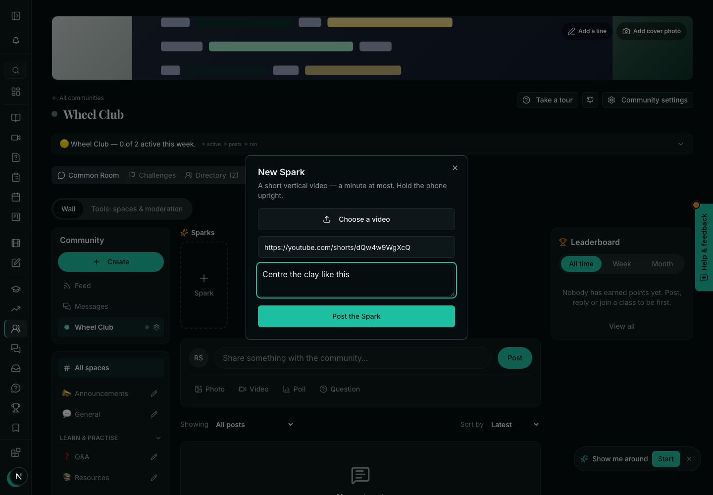 New Spark: choose a video or paste a link, and a caption