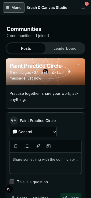 A student's Communities on a phone: Posts and Leaderboard tabs, the community's banner, and the writing box
