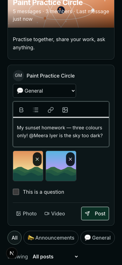 A student writing a post on a phone with two photos added and a teacher tagged
