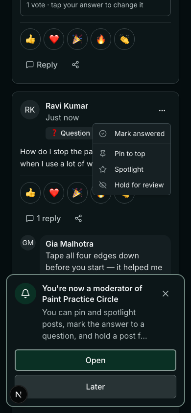 The ⋯ menu as a moderator sees it on a phone: Mark answered, Pin to top, Spotlight, Hold for review and Delete