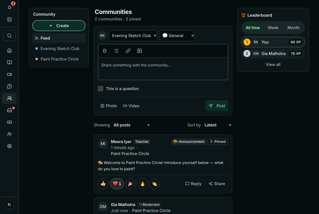 A student's Communities on a laptop with the side menu folded to icons