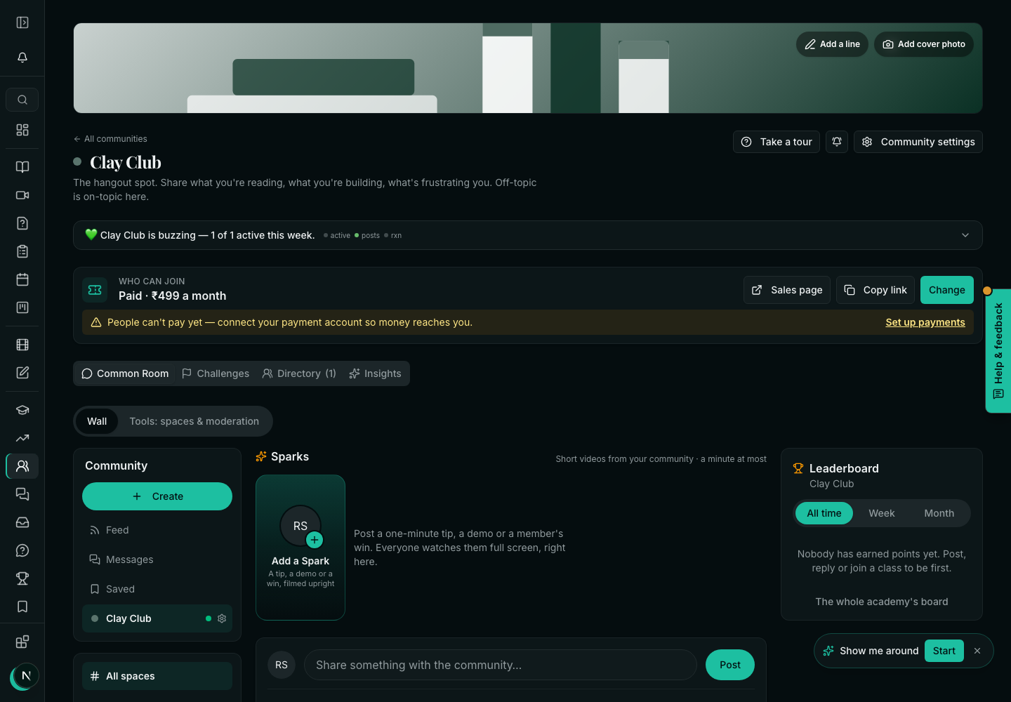 A community's page with the Who can join line: Paid · ₹499 a month, with Sales page, Copy link and Change, and a note to connect payments