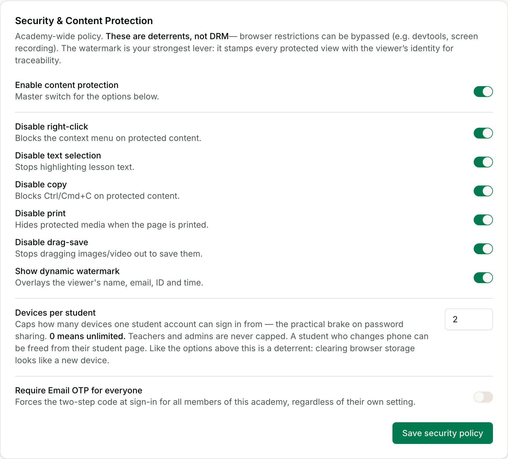 The Security and Content Protection card in Prolaud settings, showing toggles for disable right-click, text selection, copy, print and drag-save, a dynamic watermark switch, and a devices-per-student field set to 2.
