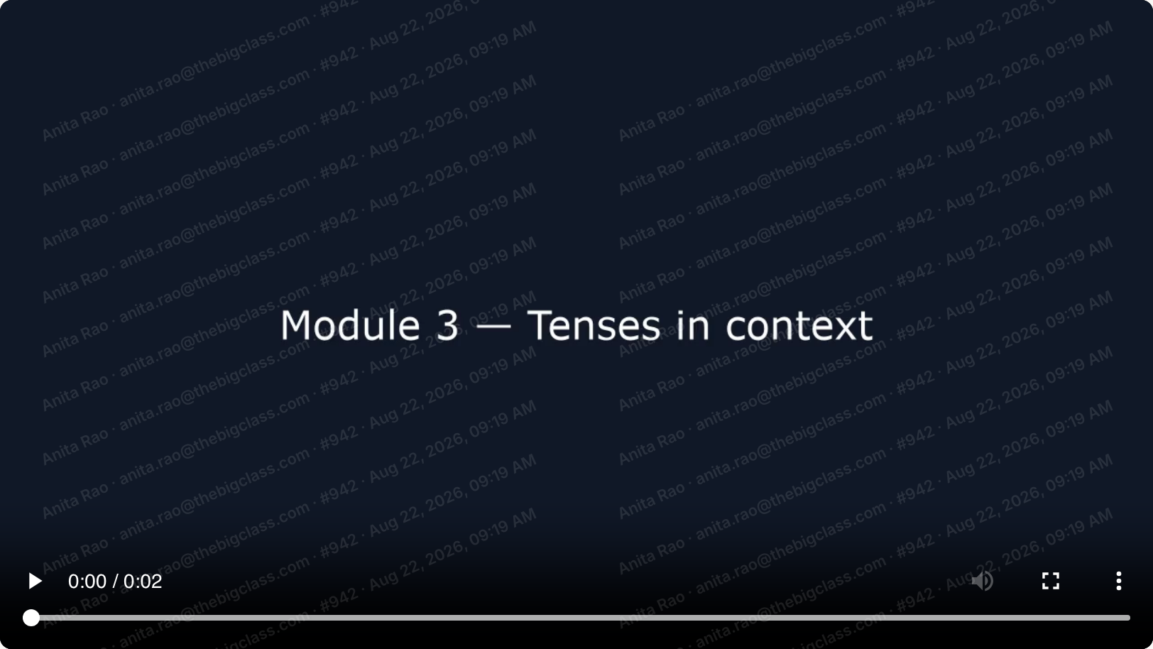 A course video playing with a faint repeating watermark tiled across the whole frame, each stamp reading the student's name, their email address, their user ID and the current date and time.
