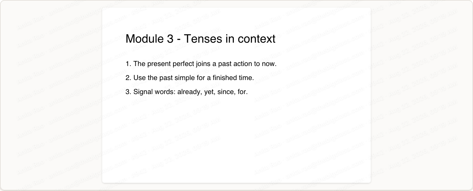 A worksheet PDF displayed inside a course lesson as a rendered page image, with the student's watermark over it and no PDF viewer toolbar, download button or print button anywhere.