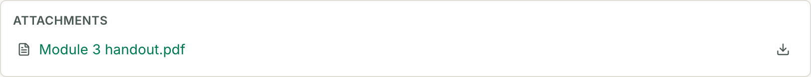 The same lesson attachments list with content protection switched off, now showing a download icon at the right-hand end of the row.
