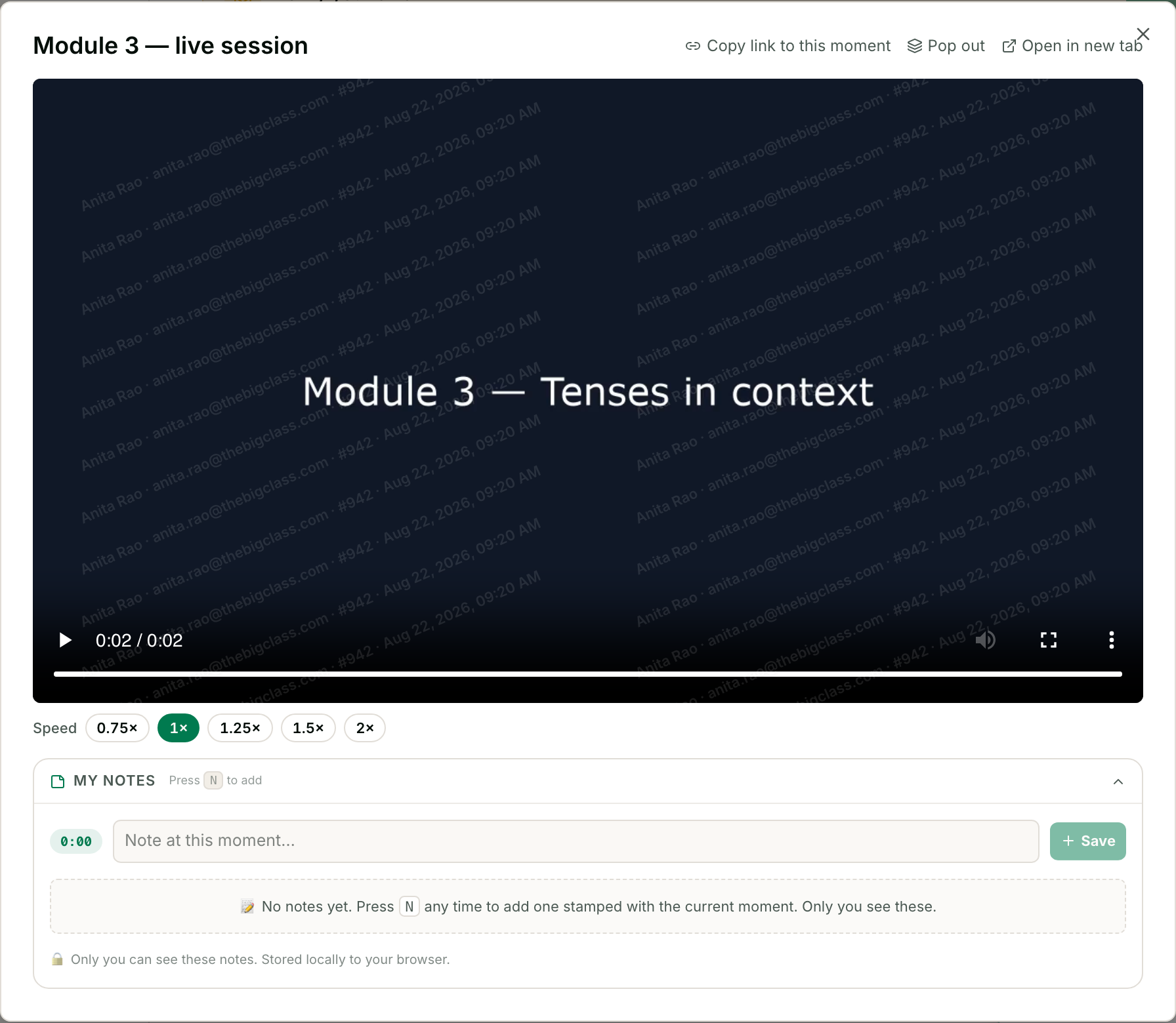 A recorded live class open in the platform's recording player, with the viewer's name, email, ID and timestamp watermarked repeatedly across the video.