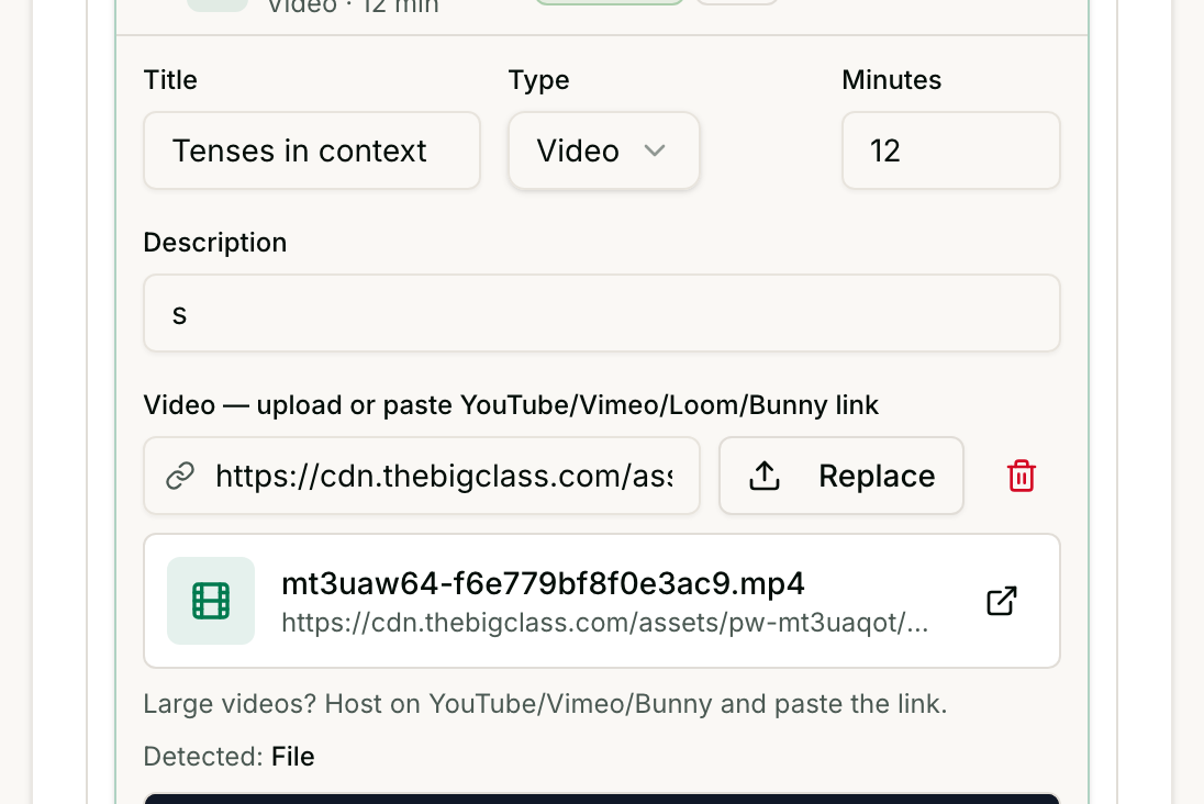 The lesson editor inside a course's Curriculum tab, showing Title, a Type dropdown set to Video, Minutes, and a video upload field with an uploaded MP4 file listed beneath it.