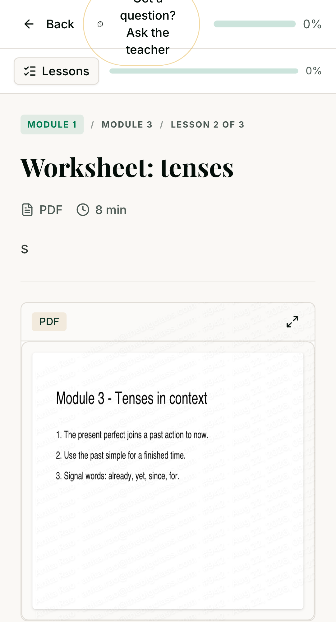 The same protected PDF worksheet open on an Android phone, rendered as a watermarked page image with no PDF viewer toolbar.