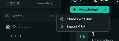 The Students page header. The arrow next to Add student is open, showing two options: Share invite link and Import CSV.