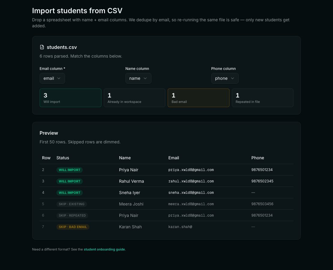The import preview for a file of six rows. Totals read 3 Will import, 1 Already in workspace, 1 Bad email and 1 Repeated in file, and the table marks each row with its status.