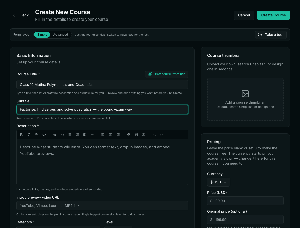 The Create New Course form with a title and subtitle filled in, a thumbnail area, and a Pricing card.