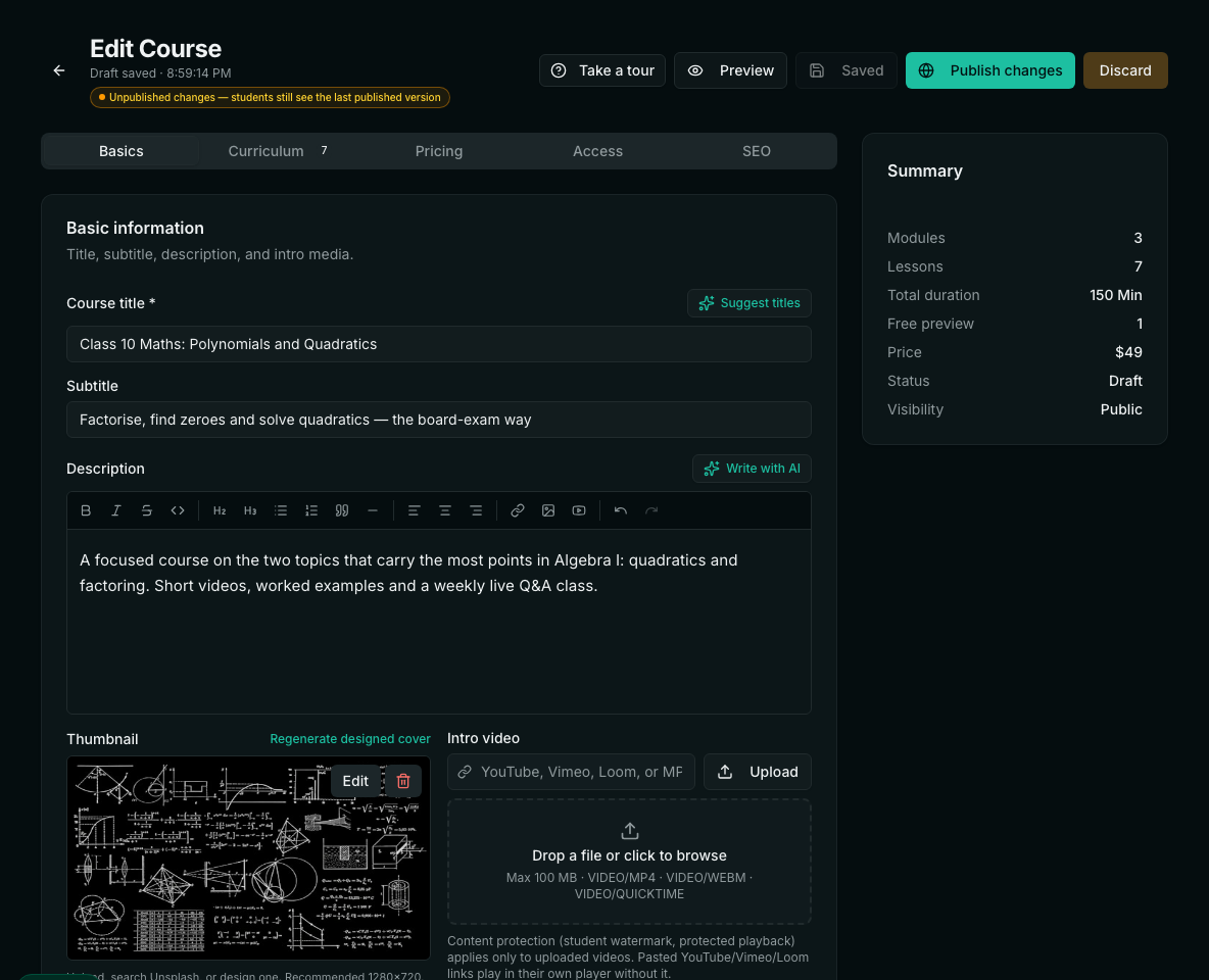 The Edit Course page on the Basics tab: course title with Suggest titles, subtitle, description with Write with AI, thumbnail and intro video upload, and a Summary panel.