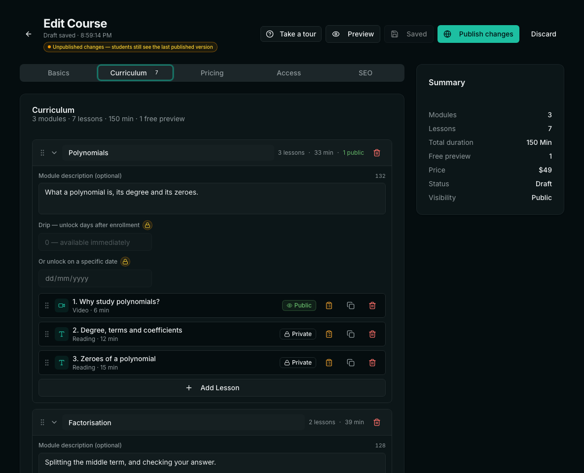 The Curriculum tab with a Polynomials module expanded, showing its description, drip settings and three lessons marked Public or Private.