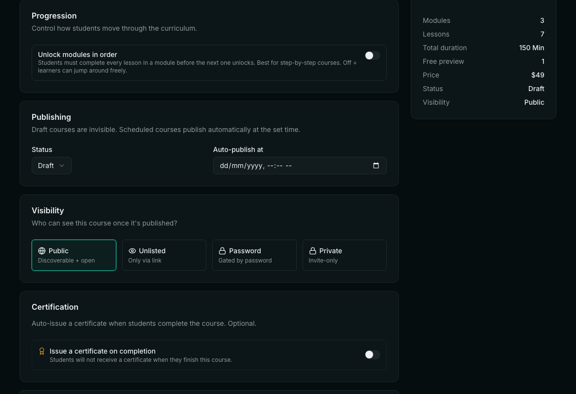 The Access tab: Unlock modules in order, Publishing status and Auto-publish at, Visibility options Public, Unlisted, Password and Private, and Certification.