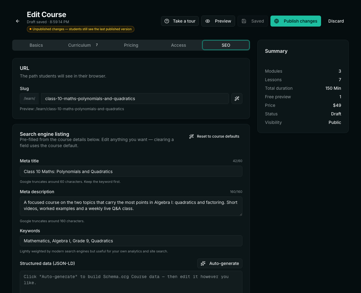 The SEO tab: the course URL slug, meta title and meta description with character counters, keywords and structured data.
