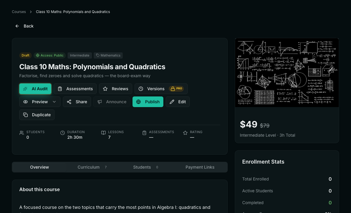 The course page in the dashboard with Draft status, buttons for AI Audit, Assessments, Reviews, Versions, Preview, Share, Announce, Publish, Edit and Duplicate, and course stats.