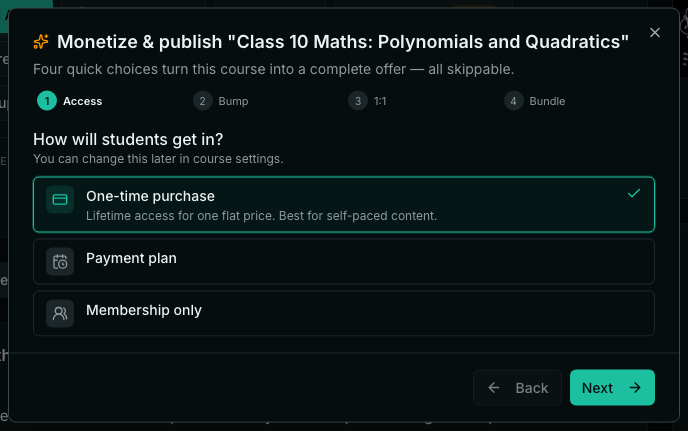 The Monetize and publish dialog on step 1, Access, asking How will students get in? with One-time purchase selected, Payment plan and Membership only.