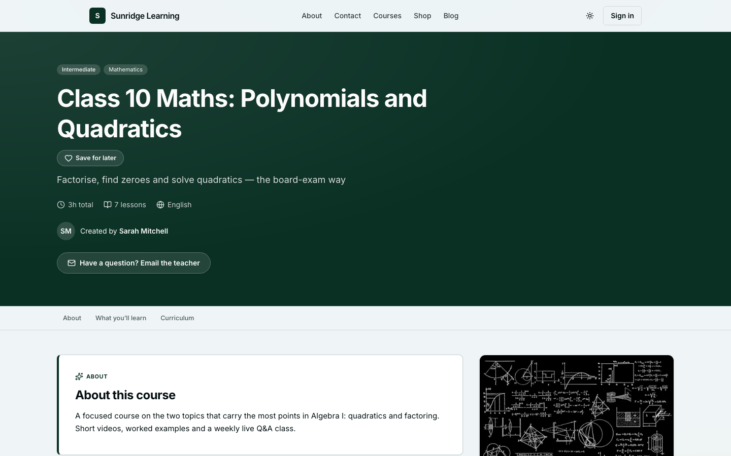 The public course page on the academy site: course title, subtitle, 3h total, 7 lessons, English, the instructor's name, and an email-the-teacher button.