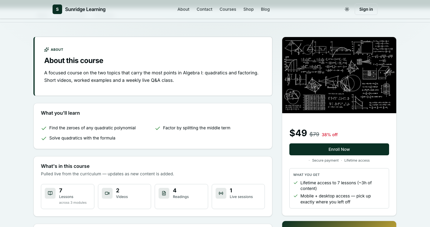 Further down the public course page: About this course, What you'll learn, a lesson count by type, and a price card with the price, the original struck through, 40% off and an Enroll Now button.