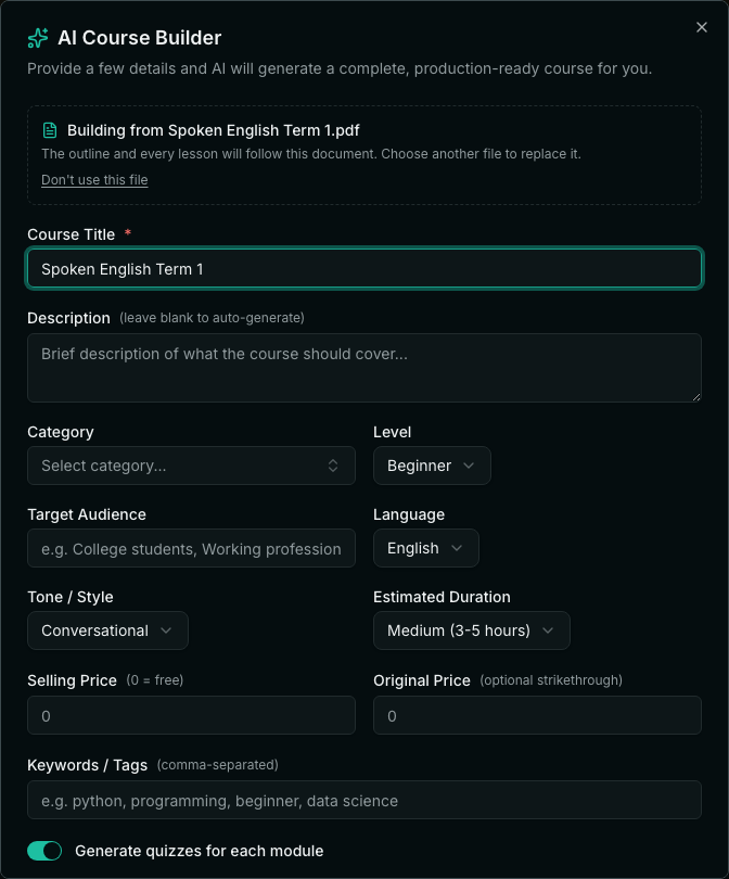 The AI Course Builder dialog. A panel at the top reads Building from Spoken English Term 1.pdf, with a Don't use this file link, and the Course Title box has been filled in as Spoken English Term 1.