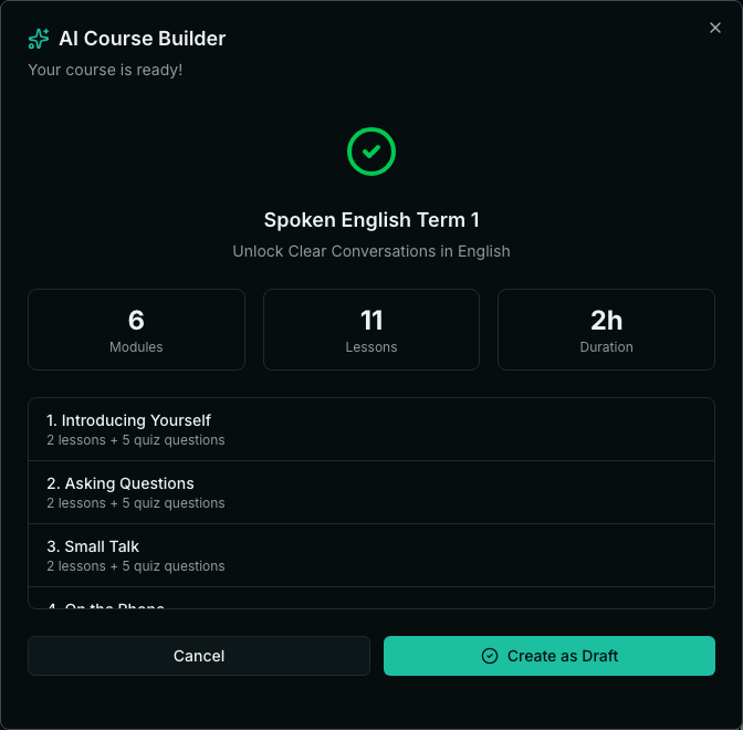 The AI Course Builder saying Your course is ready, with module, lesson and duration totals and the module list: Introducing Yourself, Asking Questions and the rest, above Cancel and Create as Draft buttons.