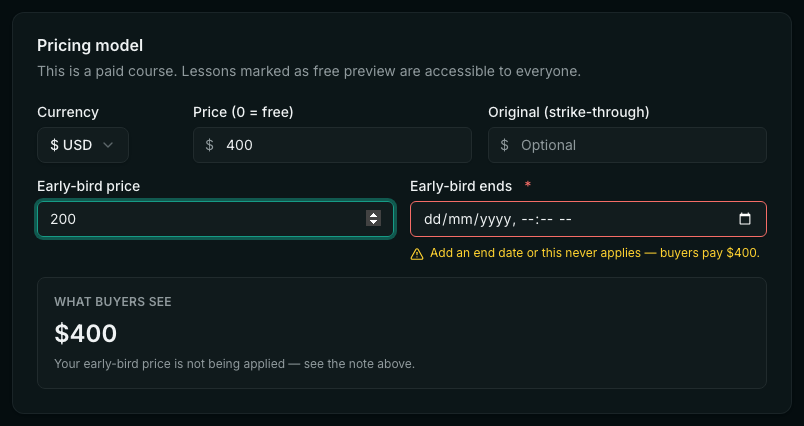 The Pricing tab with a ₹20,000 price and a ₹10,000 early-bird price. The Early-bird ends field is empty and outlined in red, with a warning reading “Add an end date or this never applies — buyers pay ₹20,000”. The What buyers see panel reads ₹20,000.