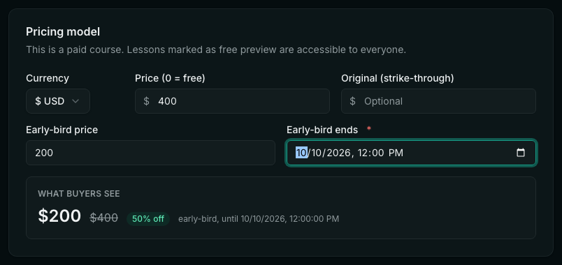 The same Pricing tab with an end date filled in. The warning is gone and the What buyers see panel reads ₹10,000 with ₹20,000 struck through, a 50% off badge, and the early-bird end date.