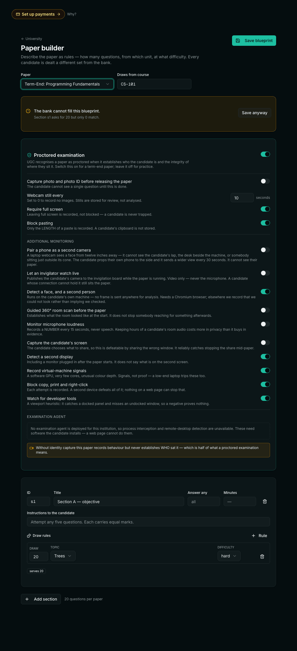 The paper builder warning that the bank cannot fill this blueprint, naming the section and that it asks for one question but only zero match, with a 'Save anyway' button beside the warning.