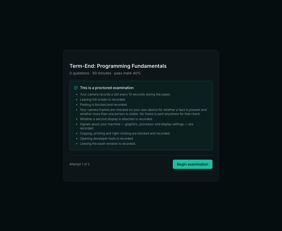 The examination intro screen showing the paper title, six questions, ninety minutes, a pass mark of 40 percent, and a panel headed 'This is a proctored examination' listing each thing that will be recorded, with a Begin examination button.