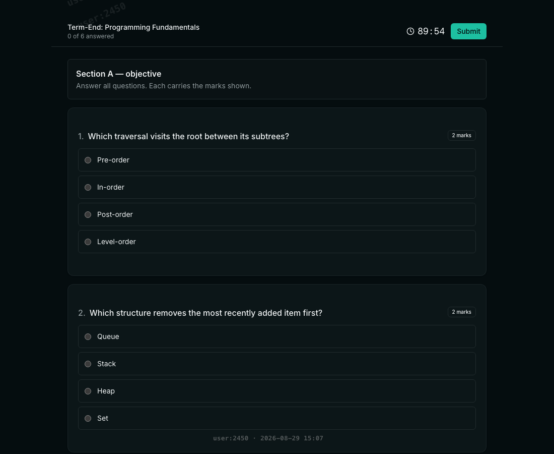 A candidate's view of the paper: Section A objective with instructions, numbered multiple-choice questions each showing their marks, a running clock and a Submit button, with a faint diagonal watermark across the page.