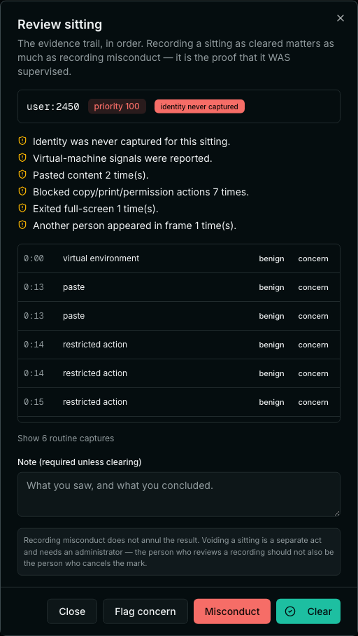 The review panel for a sitting at priority 100, listing warnings including 'Another person appeared in frame 1 time(s)', above a timestamped list of events each with benign and concern buttons.