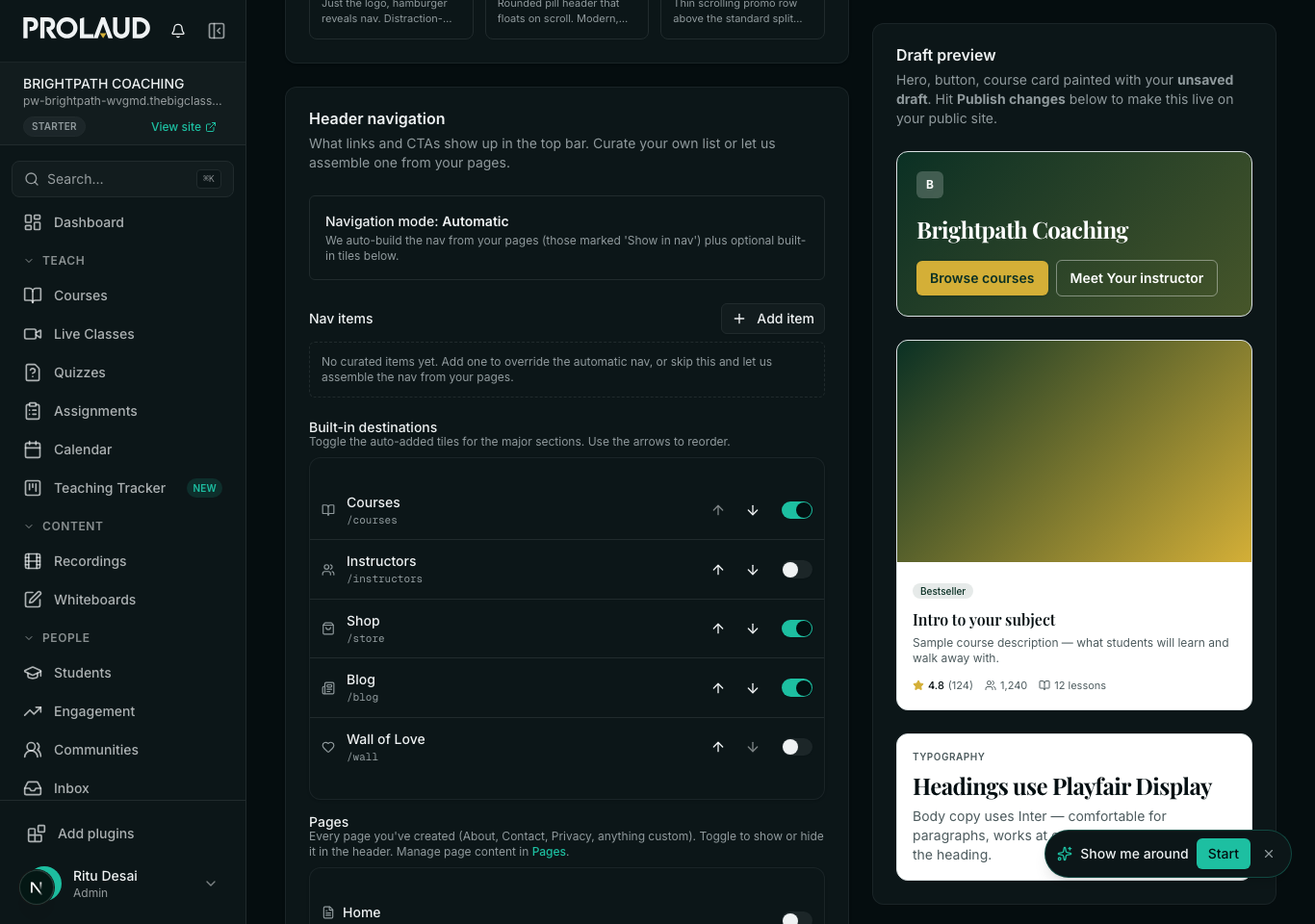 The Prolaud dashboard on Site settings, Layout tab, scrolled to a card titled Header navigation with the description “What links and CTAs show up in the top bar.”