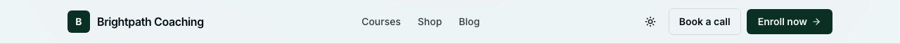 The same header after a Secondary CTA was set to “Book a call”. The outlined button now reads Book a call, the solid Enroll now button is unchanged, and the Sign in button has gone.