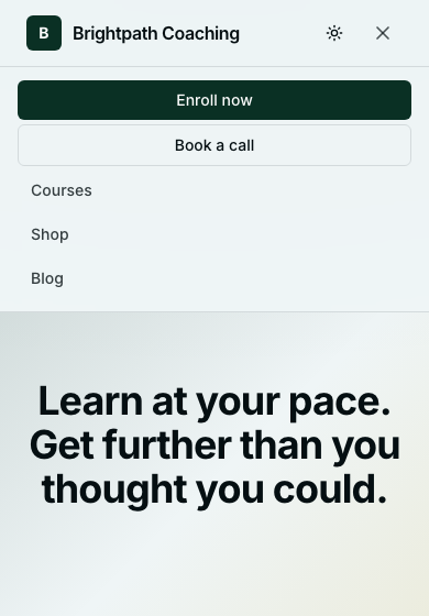The same site on a phone with the menu open, showing the nav links and both call-to-action buttons stacked beneath them.