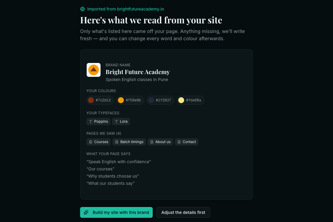 The screen headed Here's what we read from your site, showing the brand name Bright Future Academy, its color swatches with hex codes, its logo, its typefaces and the pages found.