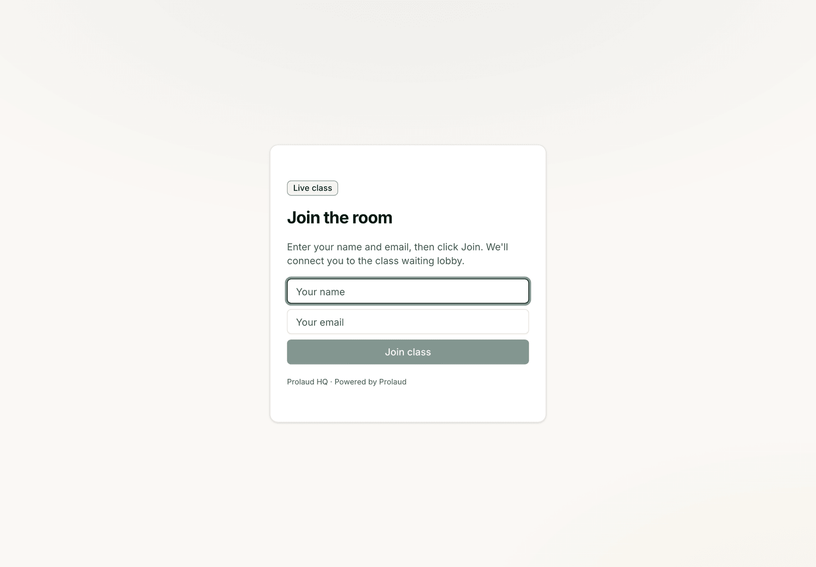 The join screen for a live class, with fields for your name and your email and a Join class button.