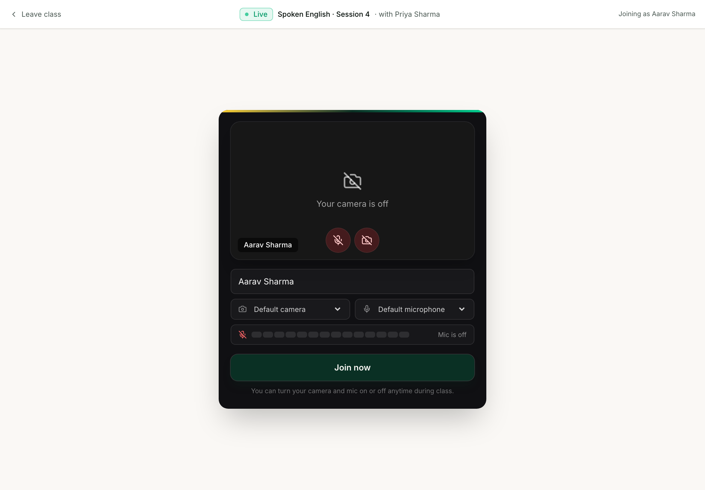 The setup screen before entering a class, showing a camera preview area, your name, camera and microphone pickers, a microphone level meter and a Join now button.