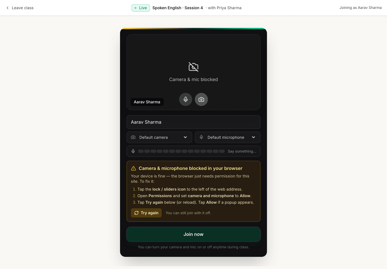 The setup screen showing an amber panel that reads 'Camera and microphone blocked in your browser', with three numbered steps to unblock and a Try again button.